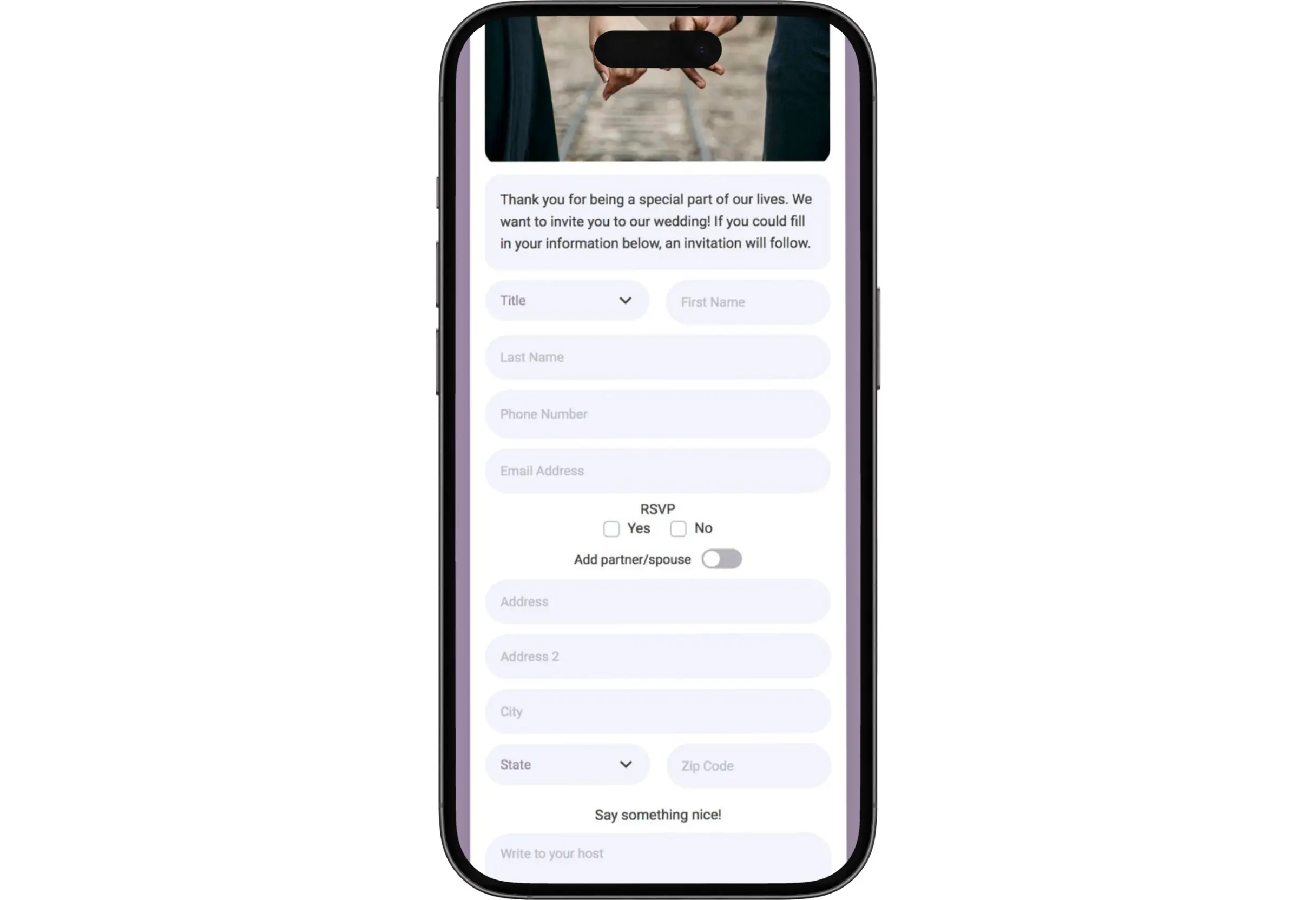 Phone displaying a guest filling out a form with name, address, phone number, email, and RSVP fields on TextMyLink