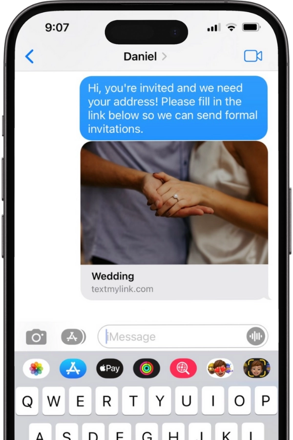 Phone showing a TextMyLink message with a custom wedding address collection link
