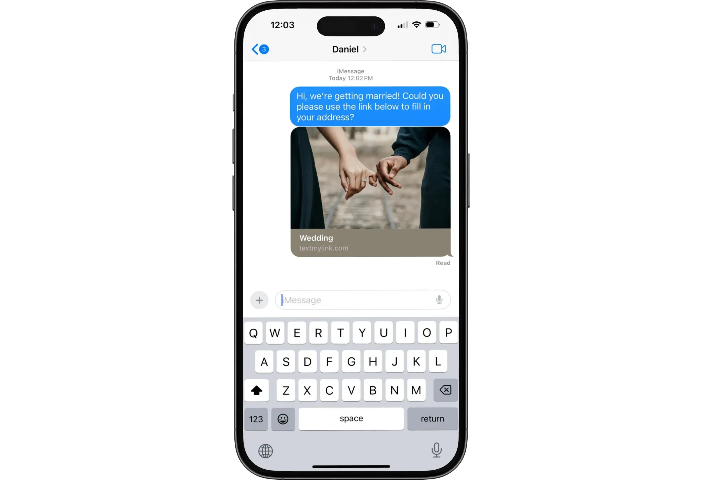 Phone showing a text message with a custom TextMyLink link asking guests to submit their address for an upcoming wedding