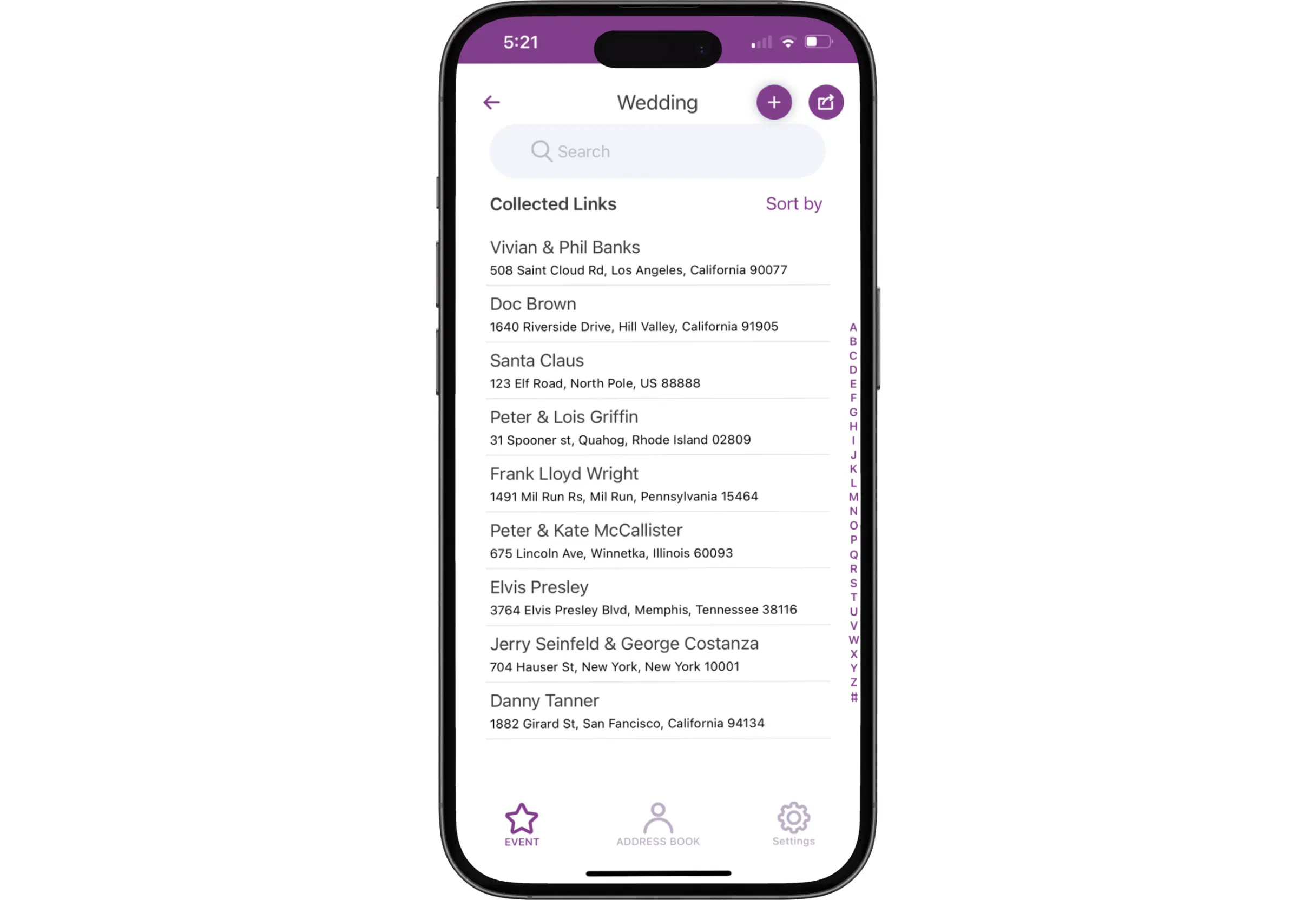Phone showing a list of collected guest names and addresses in the TextMyLink address book, ready for export